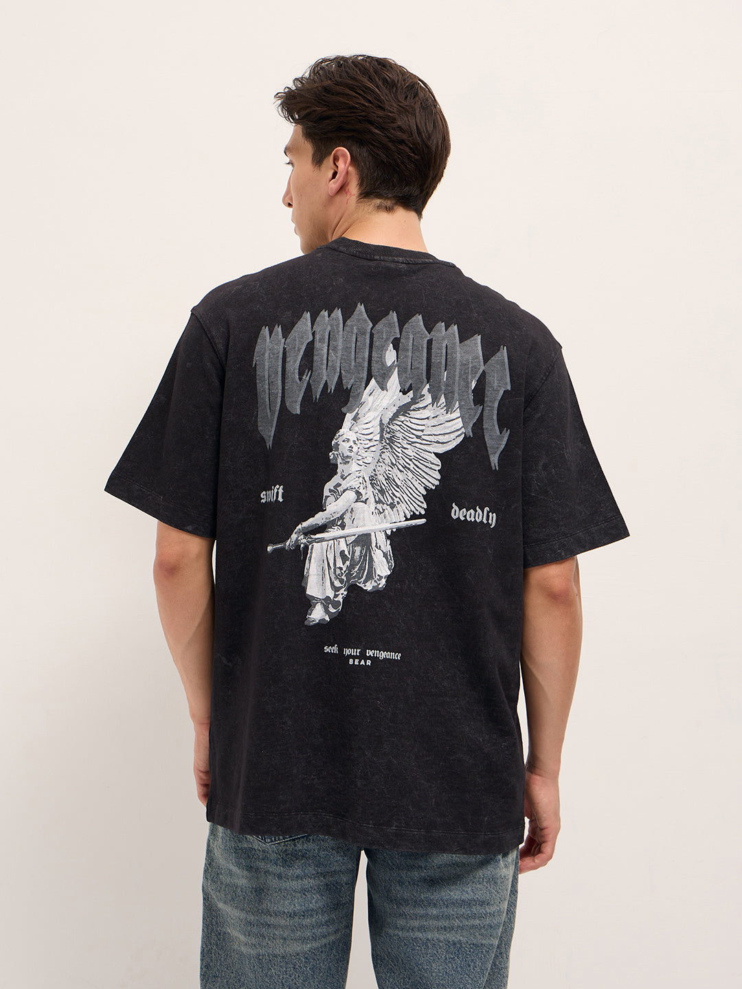 Men Washed Black Graphic Back Print Oversized Crew Neck T-Shirt