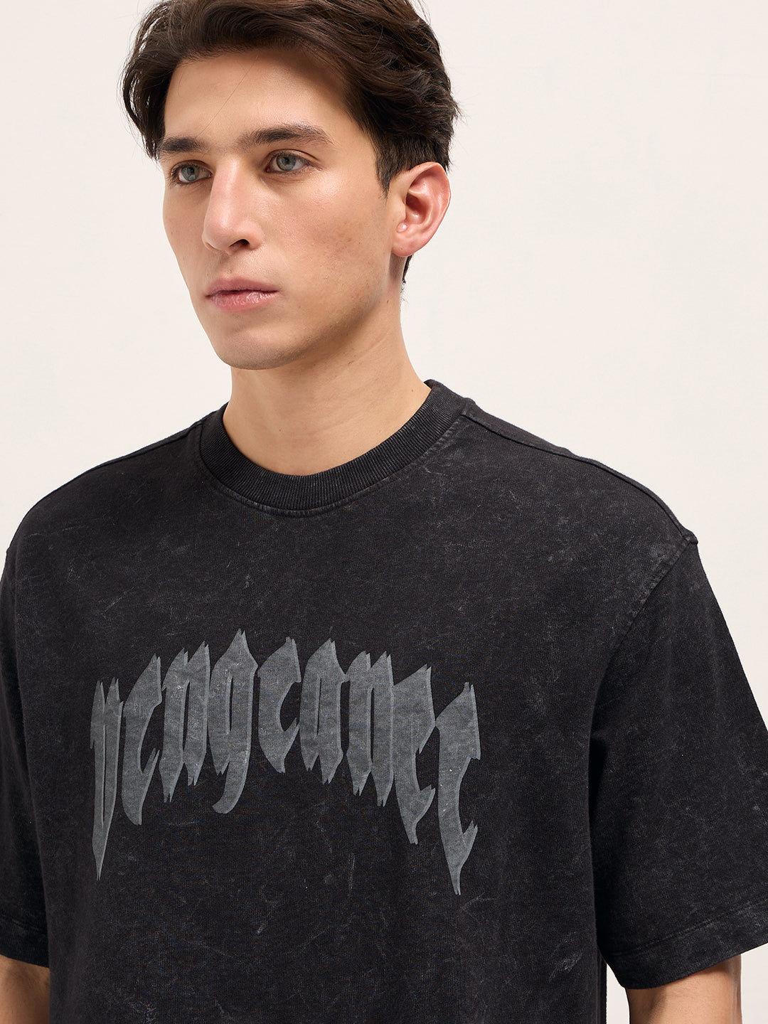 Men Washed Black Graphic Back Print Oversized Crew Neck T-Shirt