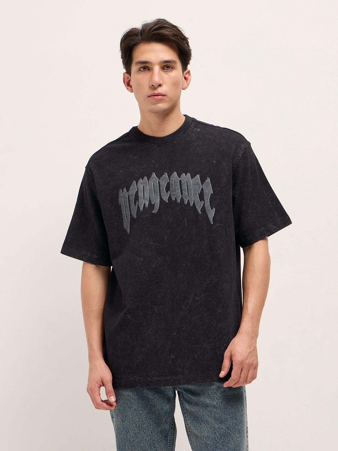 Men Washed Black Graphic Back Print Oversized Crew Neck T-Shirt