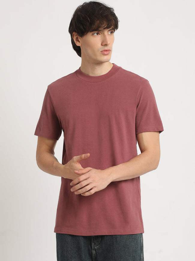 Men Pink Solid Relaxed Fit Round Neck T Shirt | The Bear House