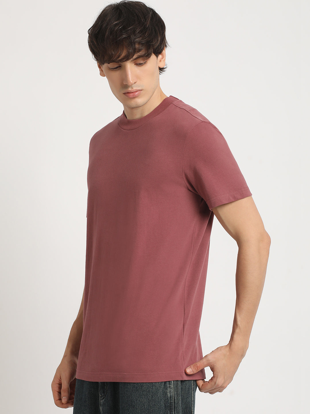 Men Pink Solid Relaxed Fit Round Neck T Shirt | The Bear House