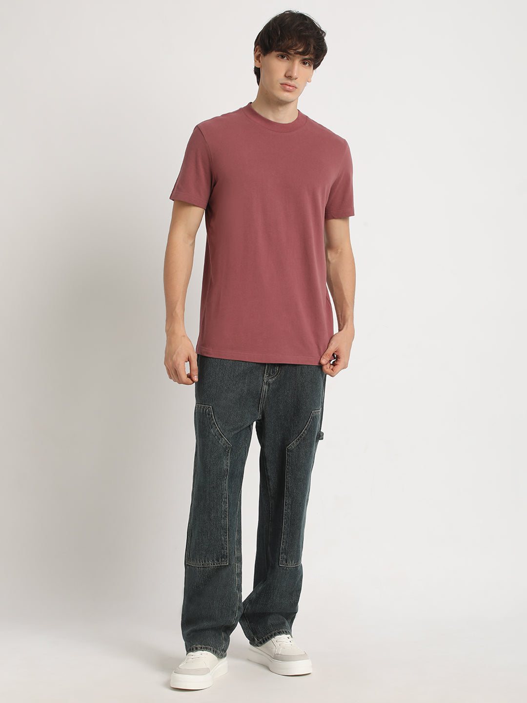 Men Pink Solid Relaxed Fit Round Neck T Shirt | The Bear House