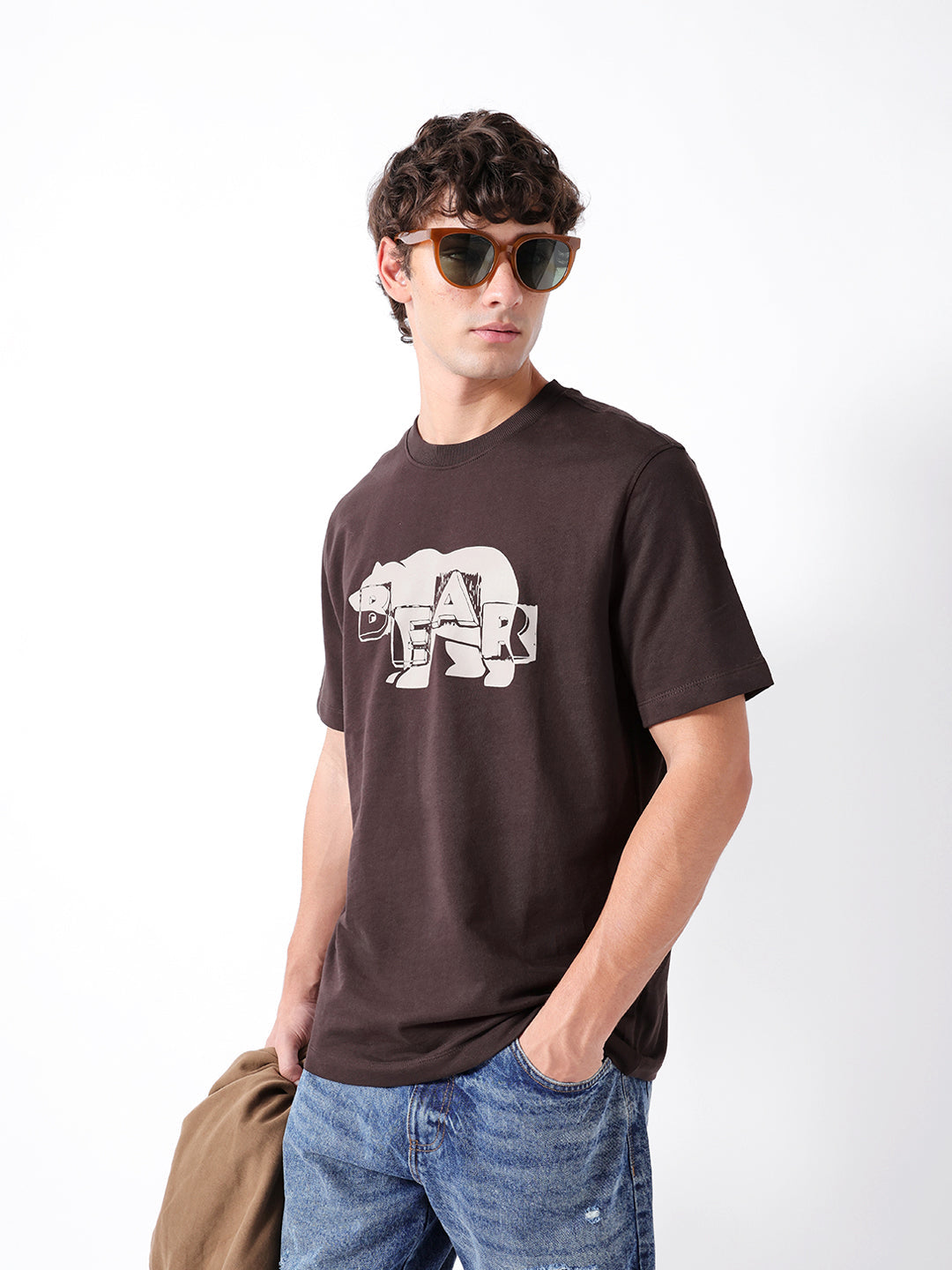 Men Brown Cotton Printed T-Shirt