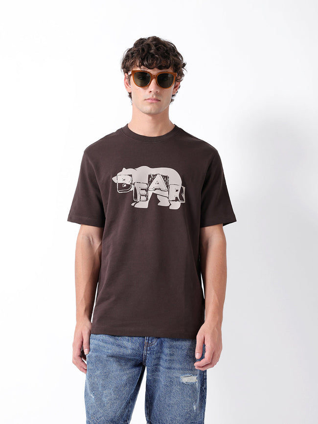 Men Brown Cotton Printed T-Shirt