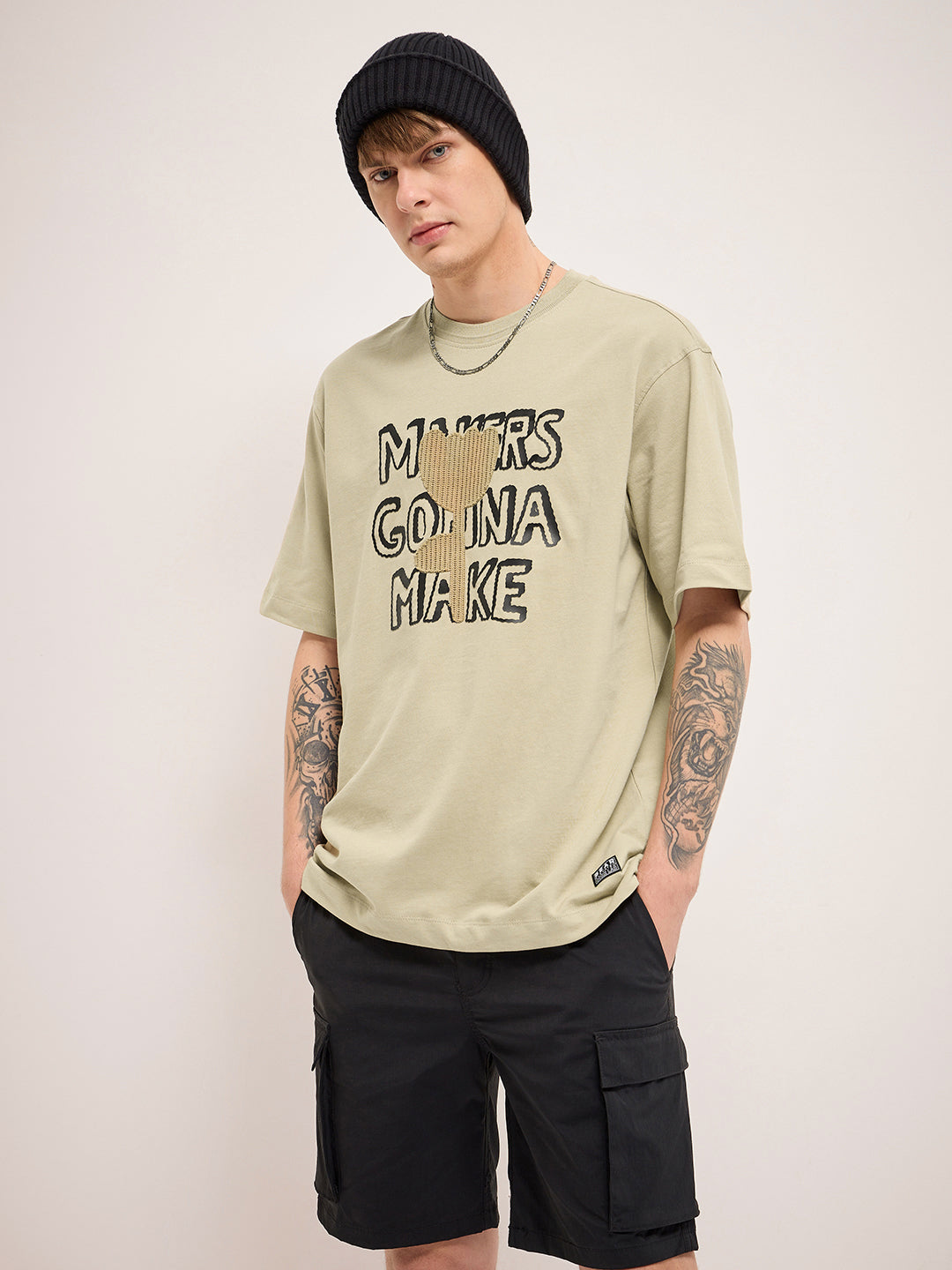 Men Beige 3D graphic Design Crew Neck T-Shirt