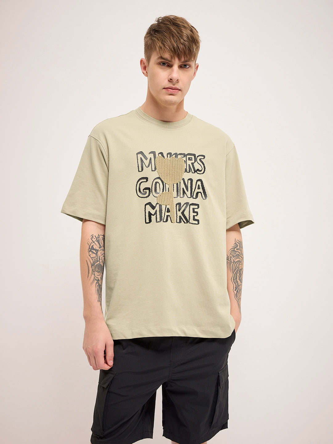 Men Beige 3D graphic Design Crew Neck T-Shirt