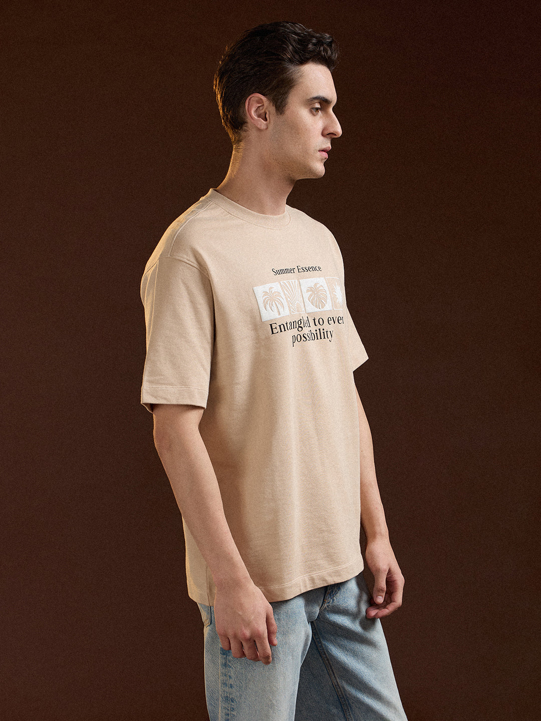 Men Beige Oversize Summer Essence Graphic Print Crew Neck T-shirt