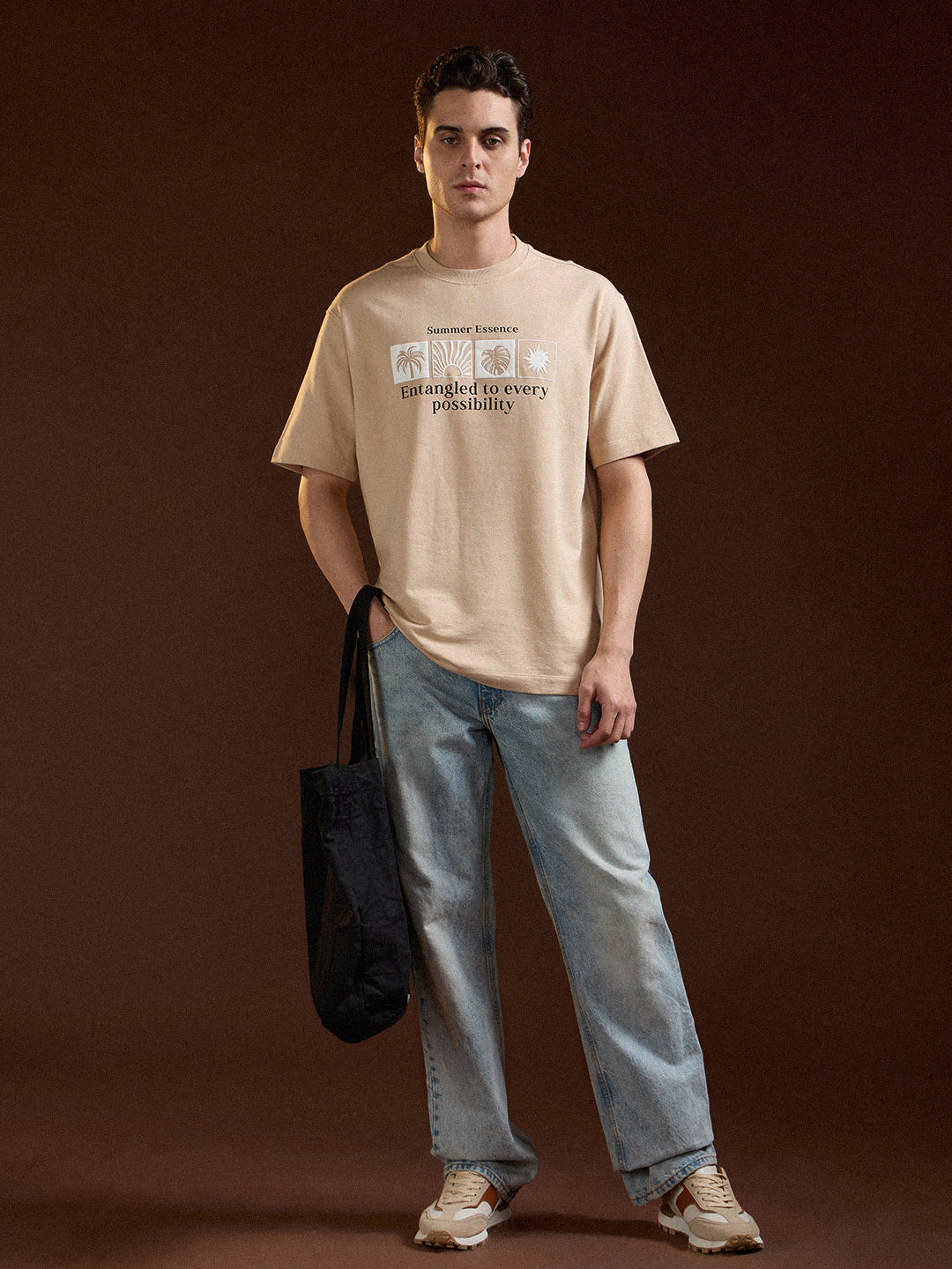 Men Beige Oversize Summer Essence Graphic Print Crew Neck T-shirt