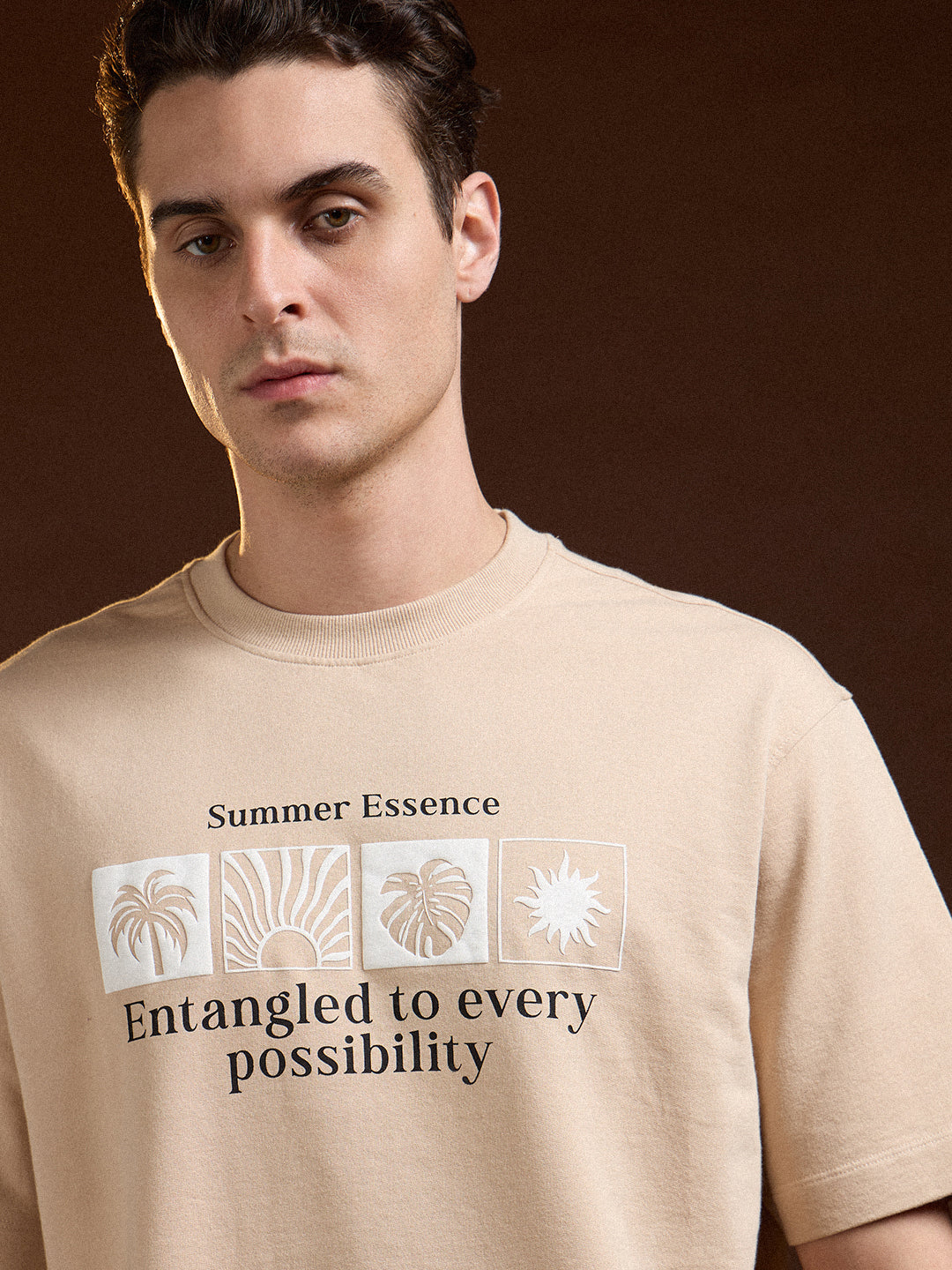 Men Beige Oversize Summer Essence Graphic Print Crew Neck T-shirt
