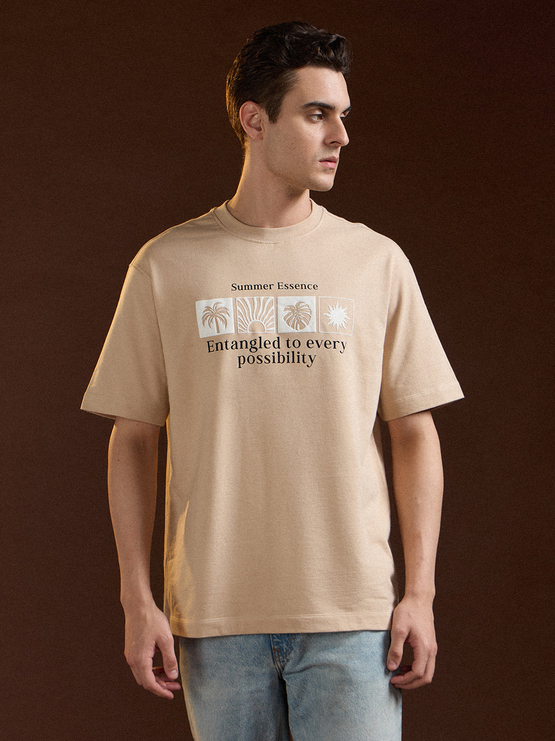 Men Beige Oversize Summer Essence Graphic Print Crew Neck T-shirt