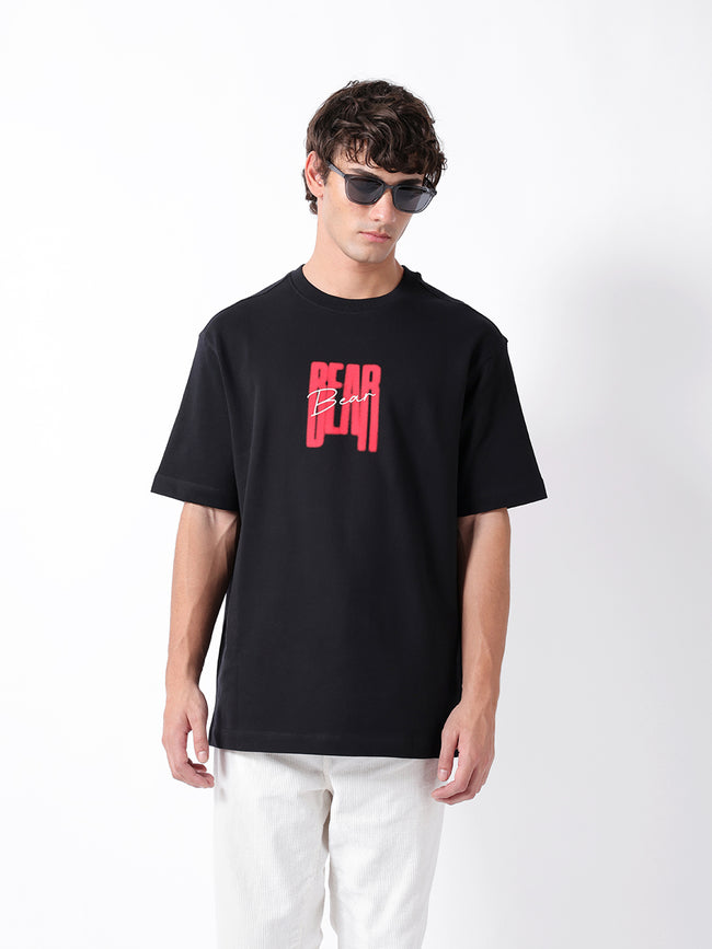 Men Black Graphic Cotton Crew Neck T-Shirt