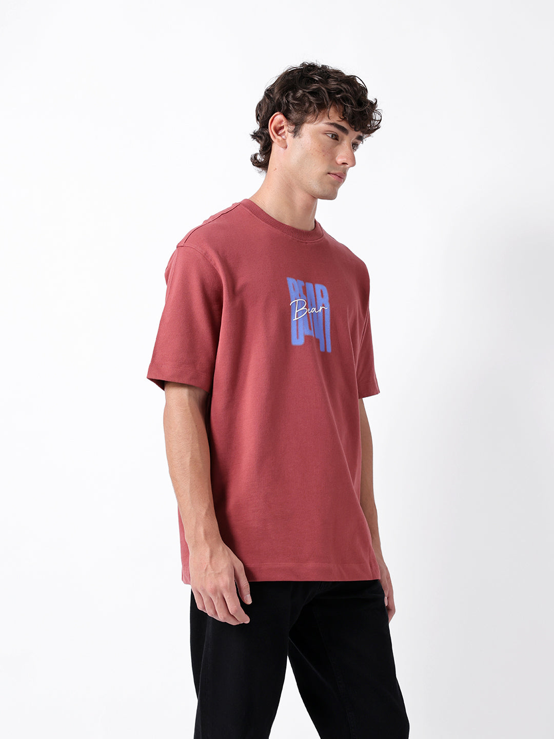 Men Pink Graphic Cotton Crew Neck T-Shirt