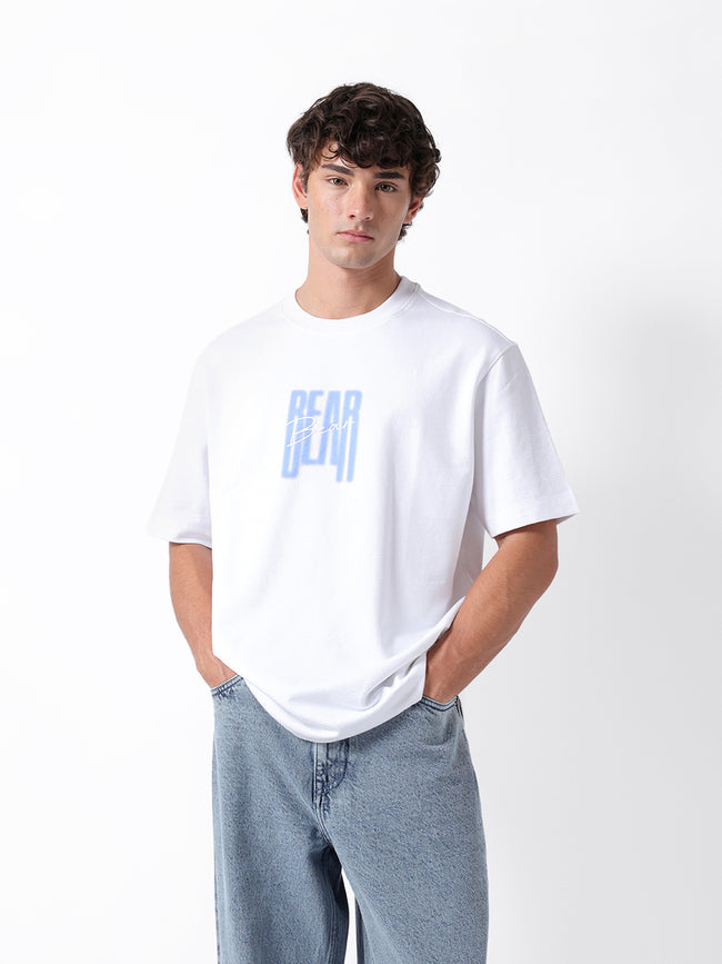 Men White Graphic Cotton Crew Neck T-Shirt
