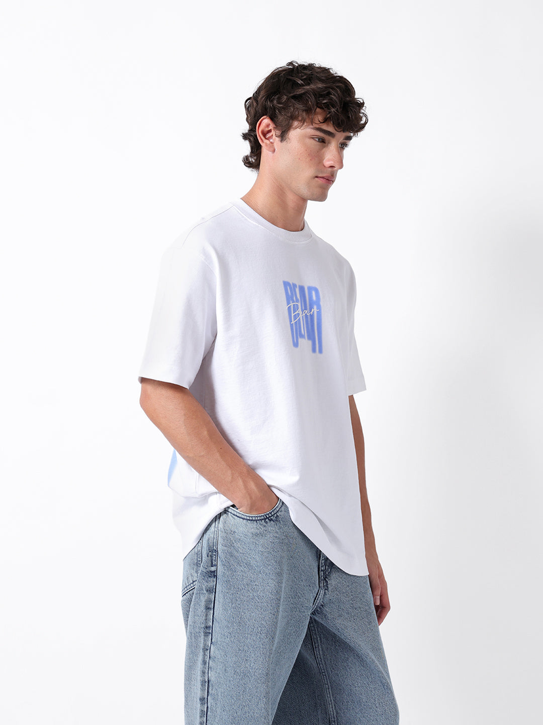 Men White Graphic Cotton Crew Neck T-Shirt
