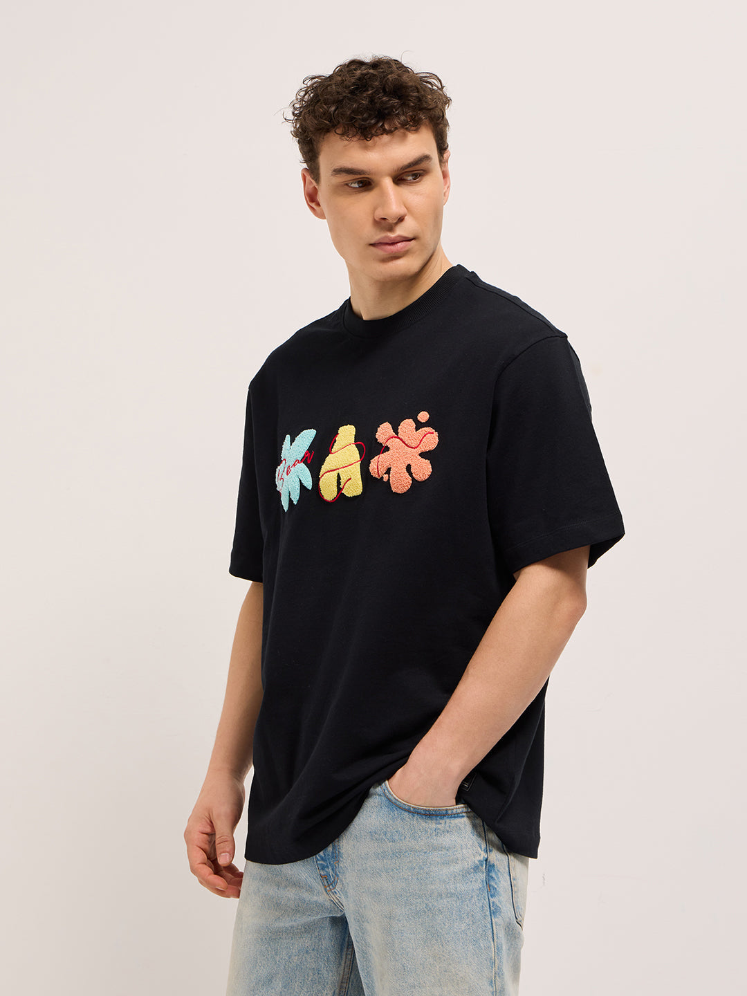 Men Black Oversized Crew Neck T-Shirt