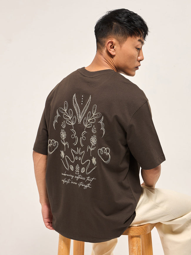 Men Brown Oversized Crew Neck T-Shirt