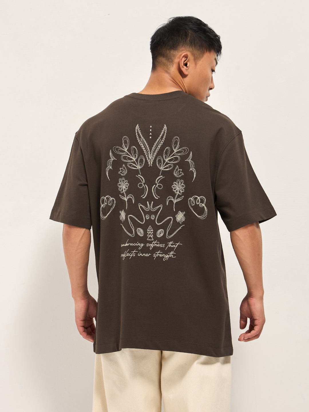 Men Brown Oversized Crew Neck T-Shirt