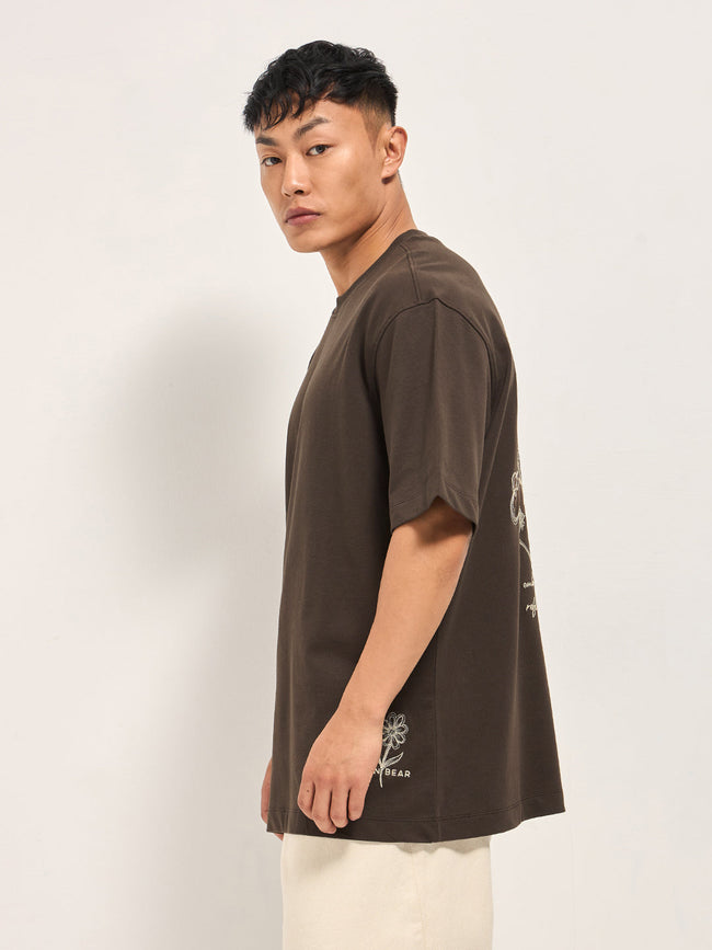 Men Brown Oversized Crew Neck T-Shirt