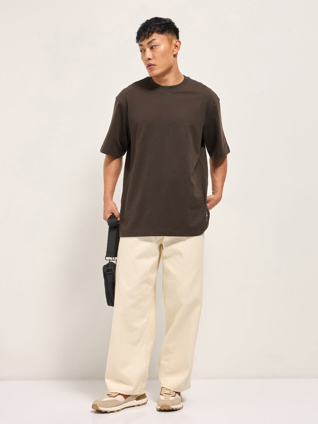 Men Brown Oversized Crew Neck T-Shirt