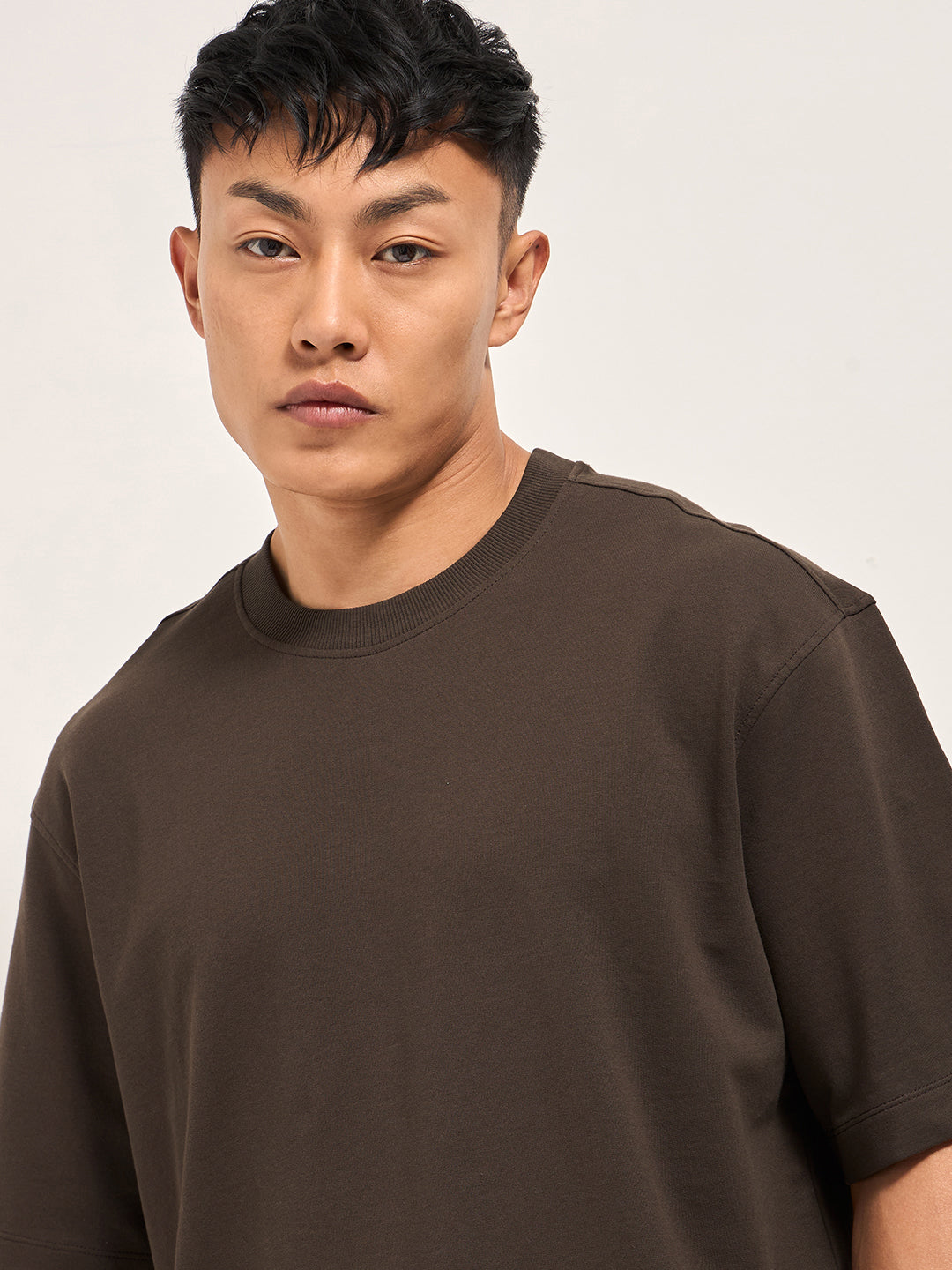 Men Brown Oversized Crew Neck T-Shirt