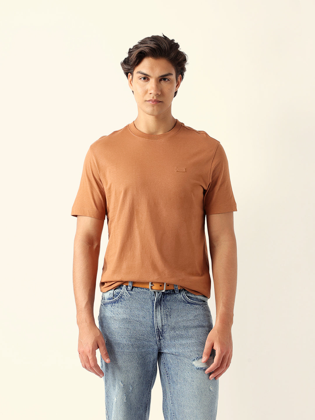 Men Mustard Cotton Solid T-Shirt