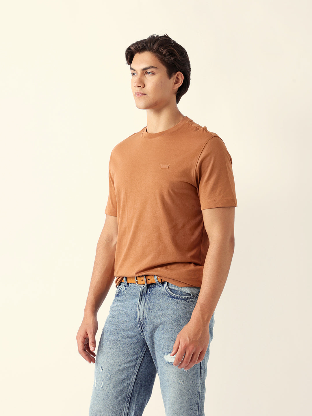 Men Mustard Cotton Solid T-Shirt