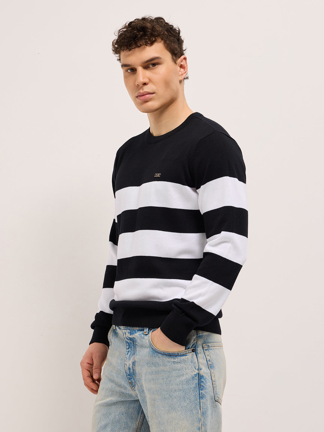 Men Black and White Flat Knit Striped Crew Neck T-Shirt
