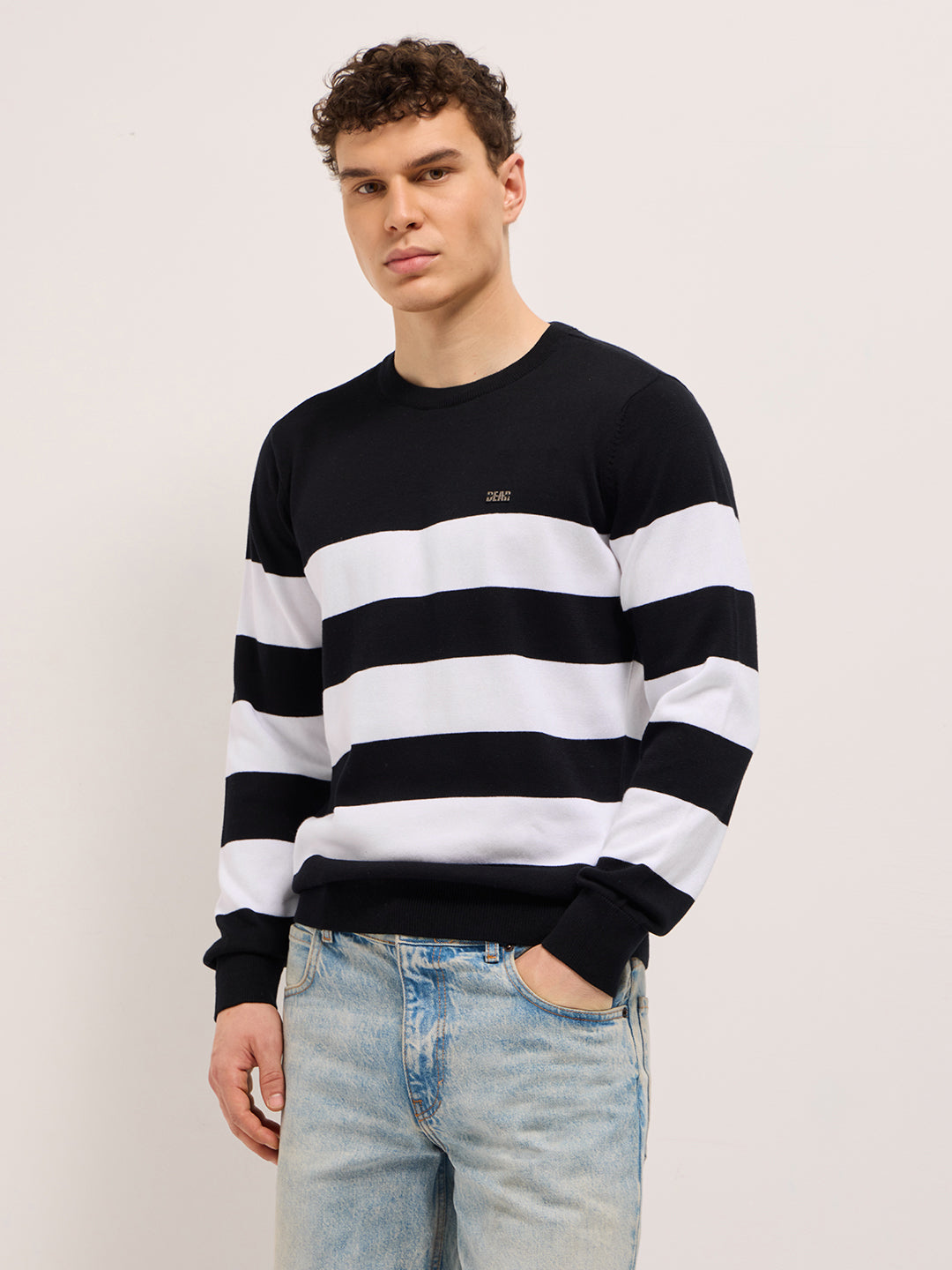 Men Black and White Flat Knit Striped Crew Neck T-Shirt