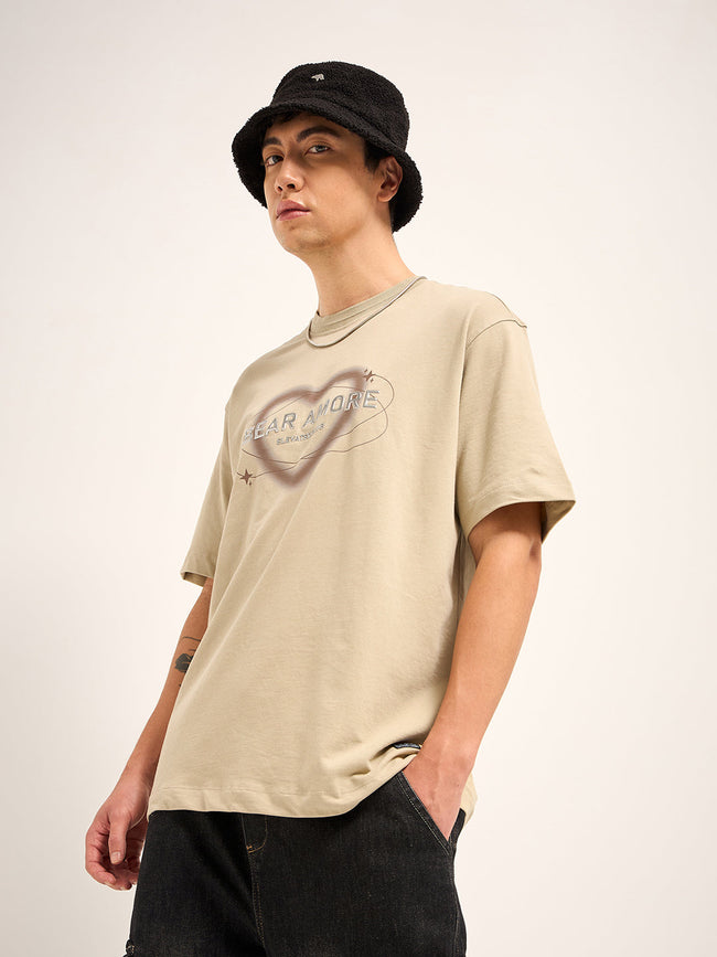 Men Beige 3D graphic Design Crew Neck T-Shirt