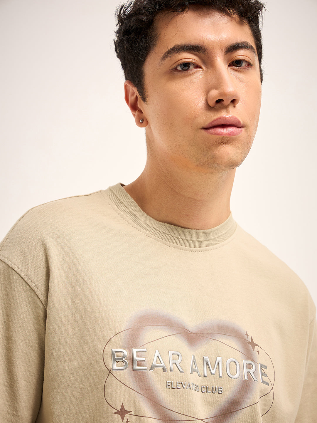 Men Beige 3D graphic Design Crew Neck T-Shirt
