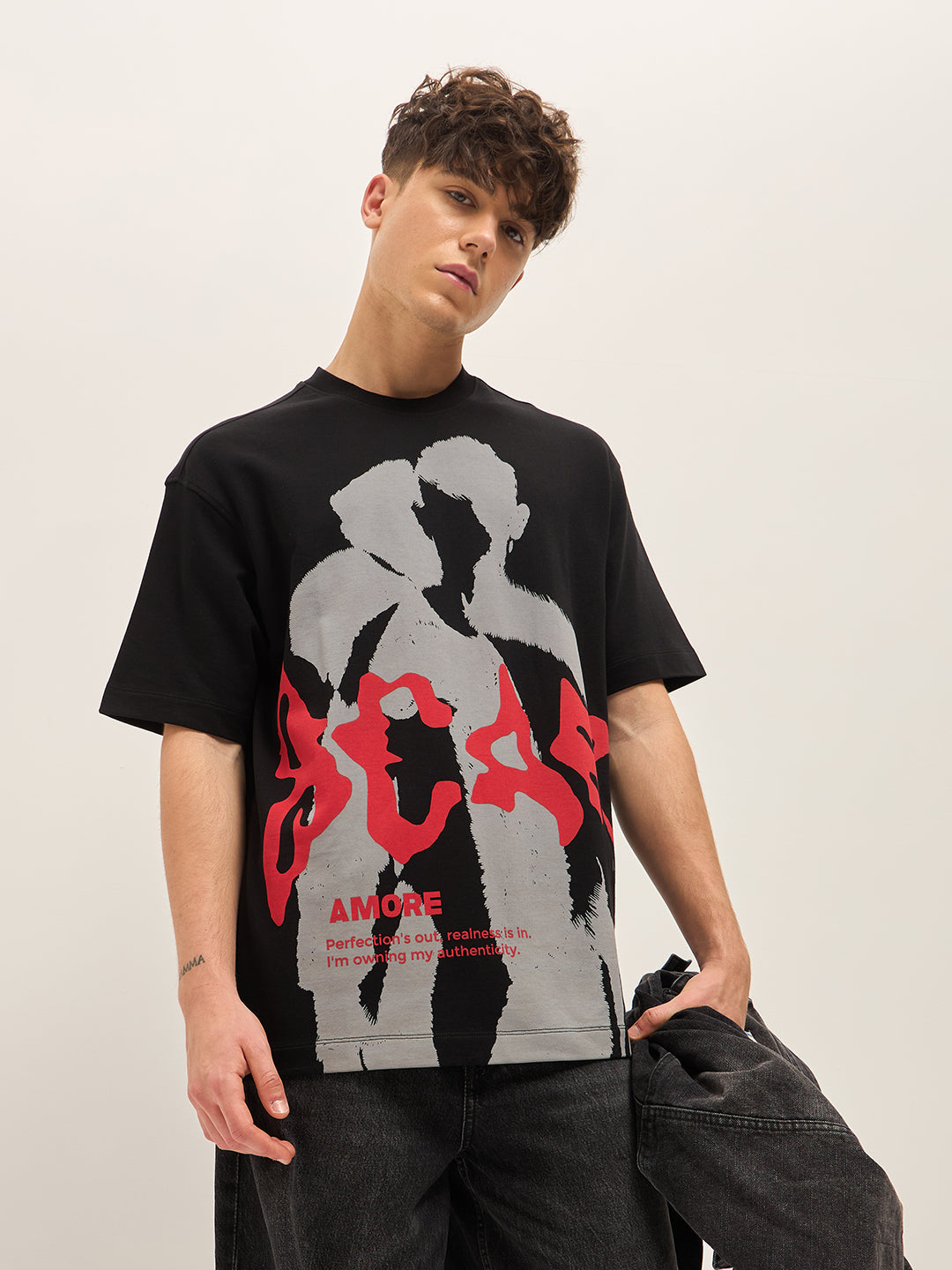 Men Black Oversize Graphic Printed Crew Neck T-shirt