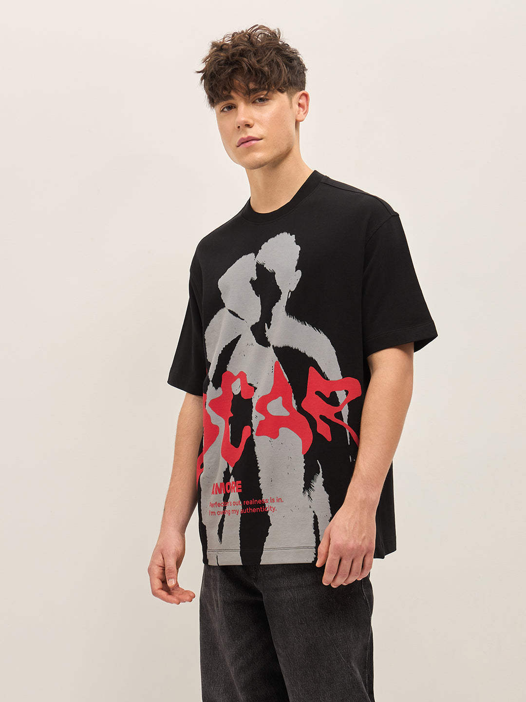 Men Black Oversize Graphic Printed Crew Neck T-shirt