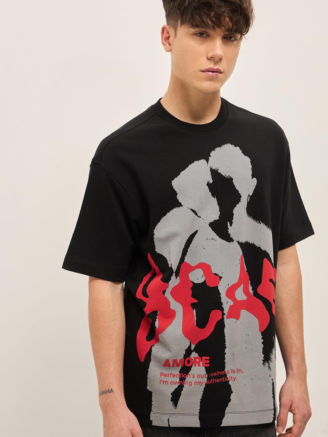 Men Black Oversize Graphic Printed Crew Neck T-shirt