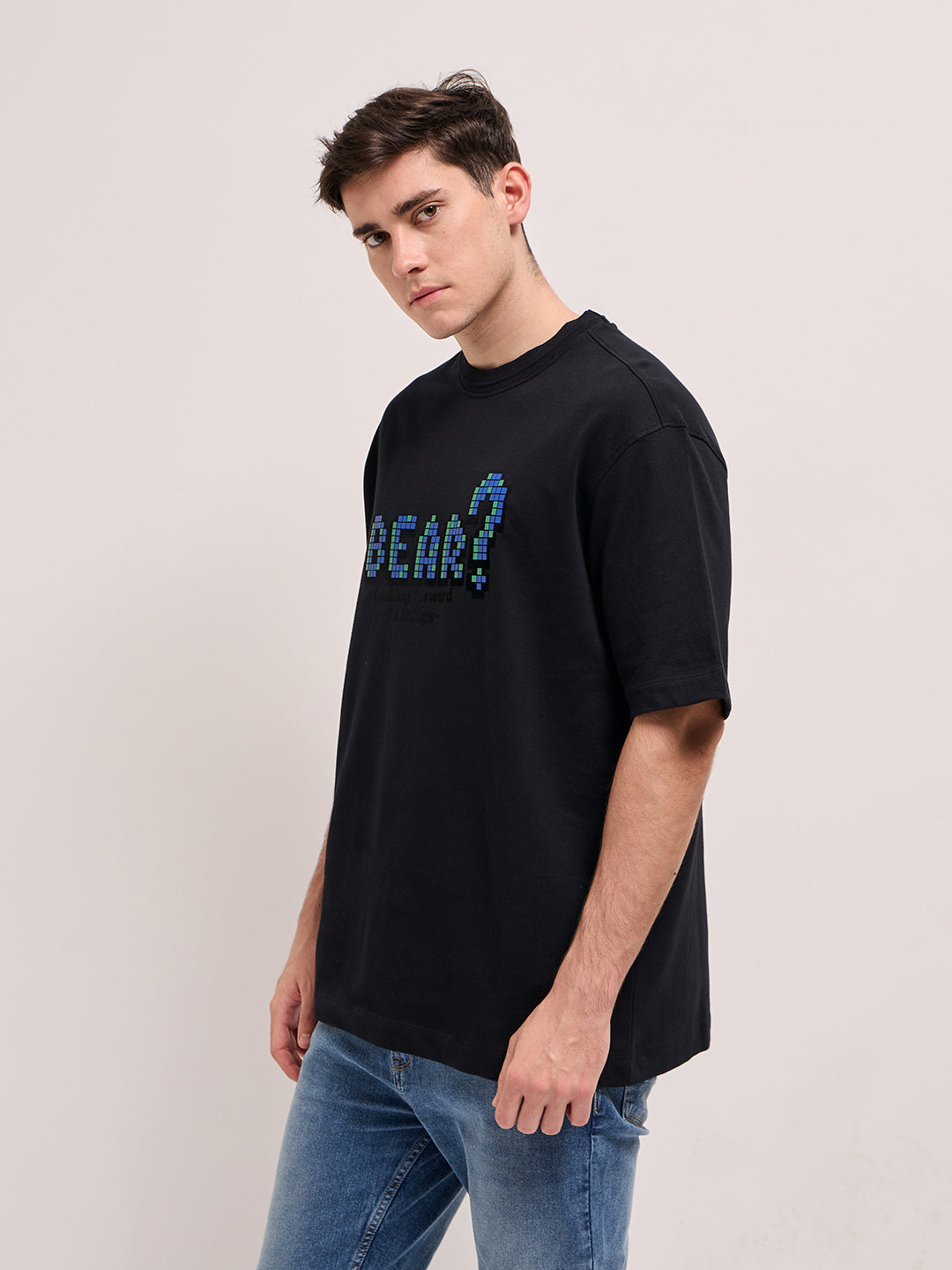 Men Black Oversize Graphic Printed Crew Neck T-shirt