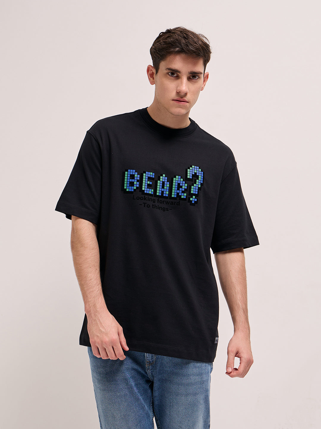 Men Black Oversize Graphic Printed Crew Neck T-shirt