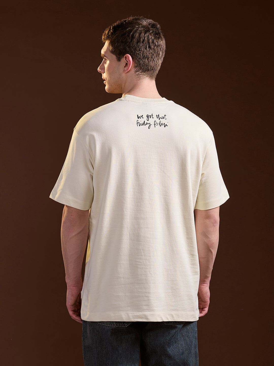 Men Cream Oversized Graphic Print Crew Neck T-shirt