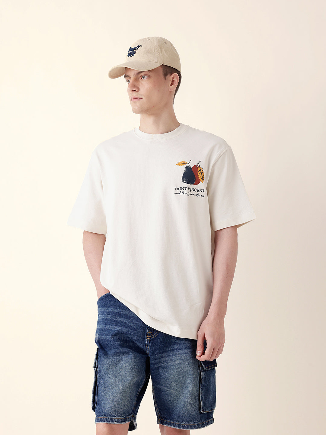 Men Cream Half Sleeve Oversize T-Shirt