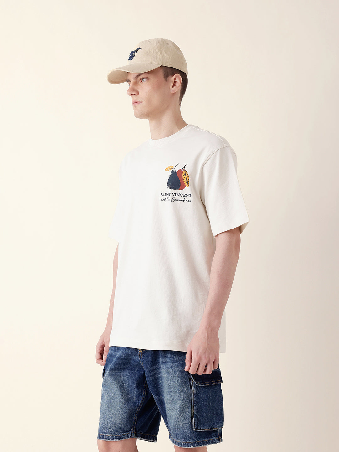 Men Cream Half Sleeve Oversize T-Shirt