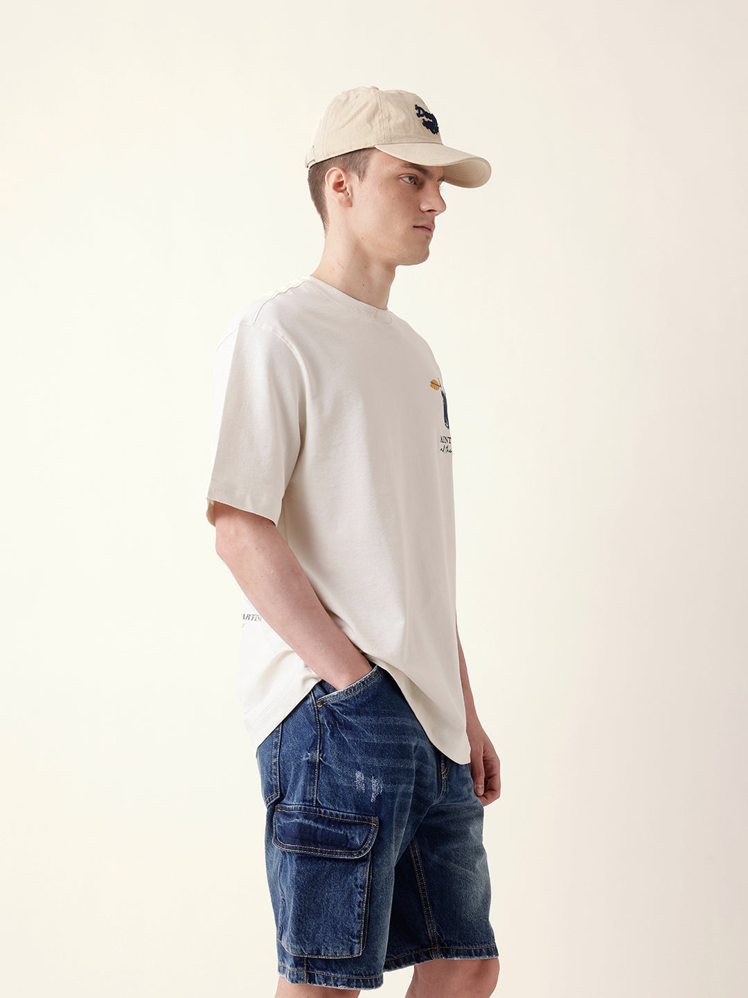 Men Cream Half Sleeve Oversize T-Shirt