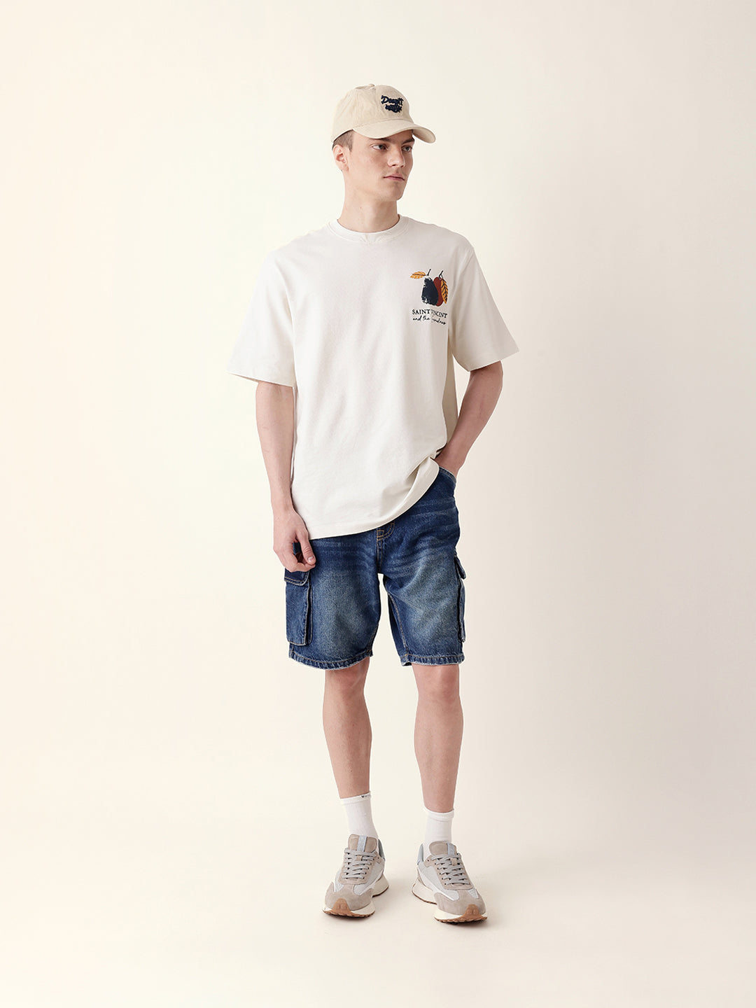 Men Cream Half Sleeve Oversize T-Shirt