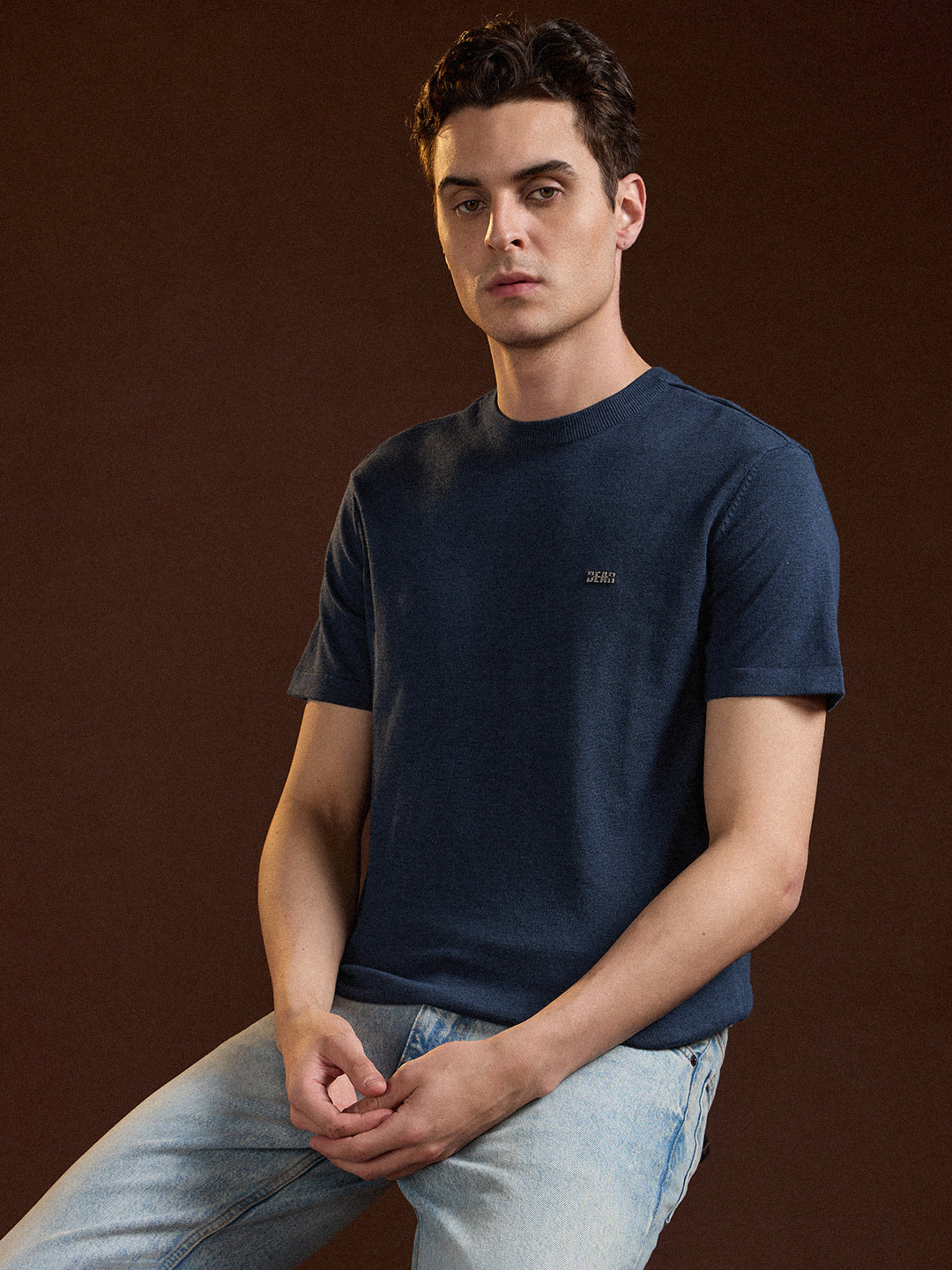 Men Blue Solid Regular Fit Ribbed Crew Neck T-shirt