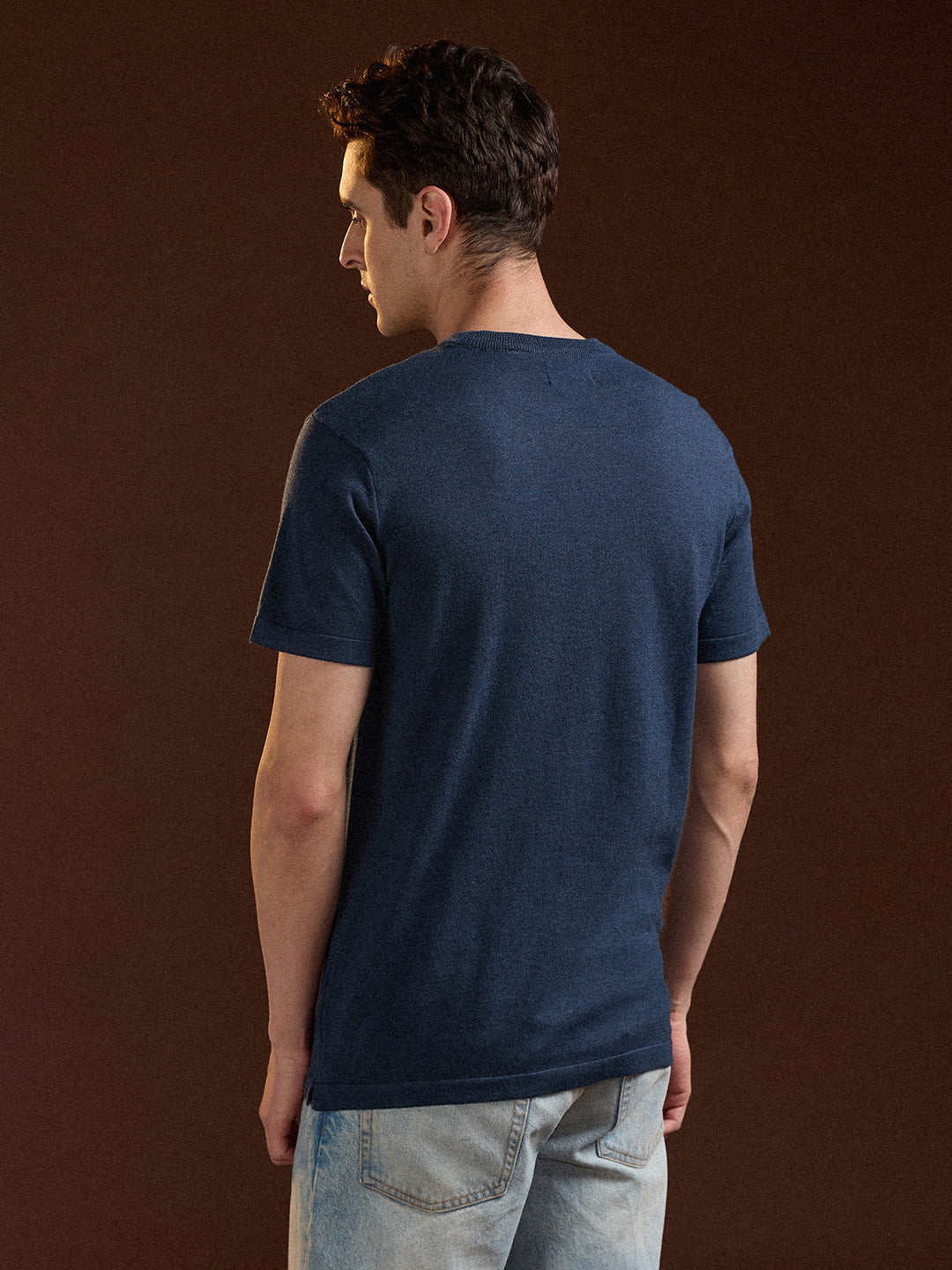 Men Blue Solid Regular Fit Ribbed Crew Neck T-shirt