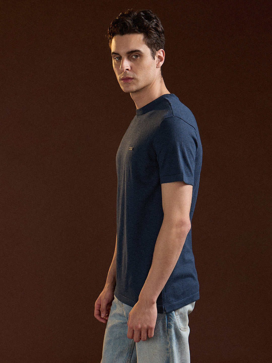 Men Blue Solid Regular Fit Ribbed Crew Neck T-shirt