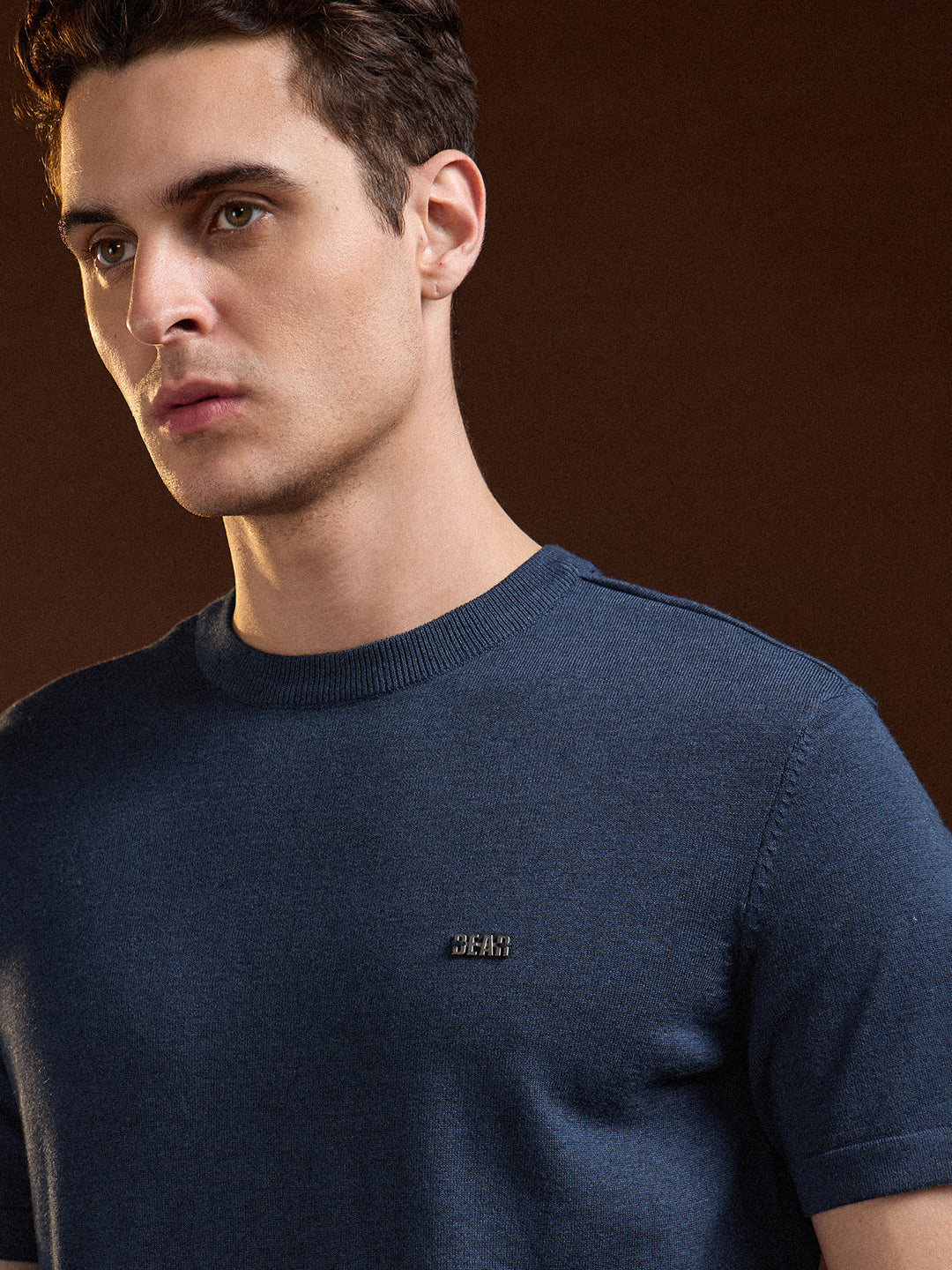 Men Blue Solid Regular Fit Ribbed Crew Neck T-shirt