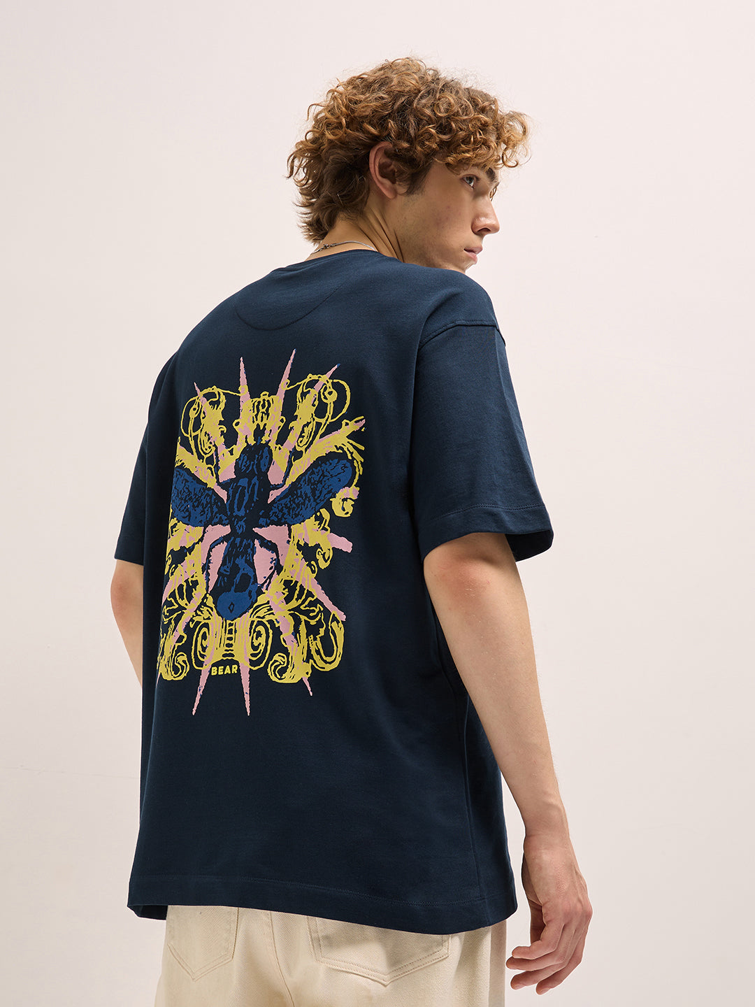 Men Navy Oversize artistic intricate insect graphic Print Crew Neck T-shirt
