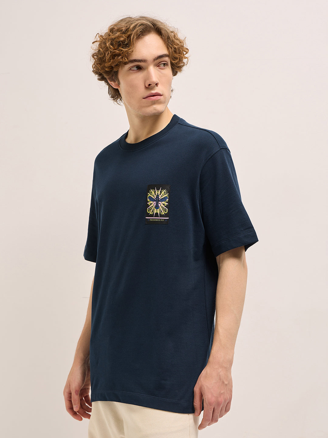 Men Navy Oversize artistic intricate insect graphic Print Crew Neck T-shirt