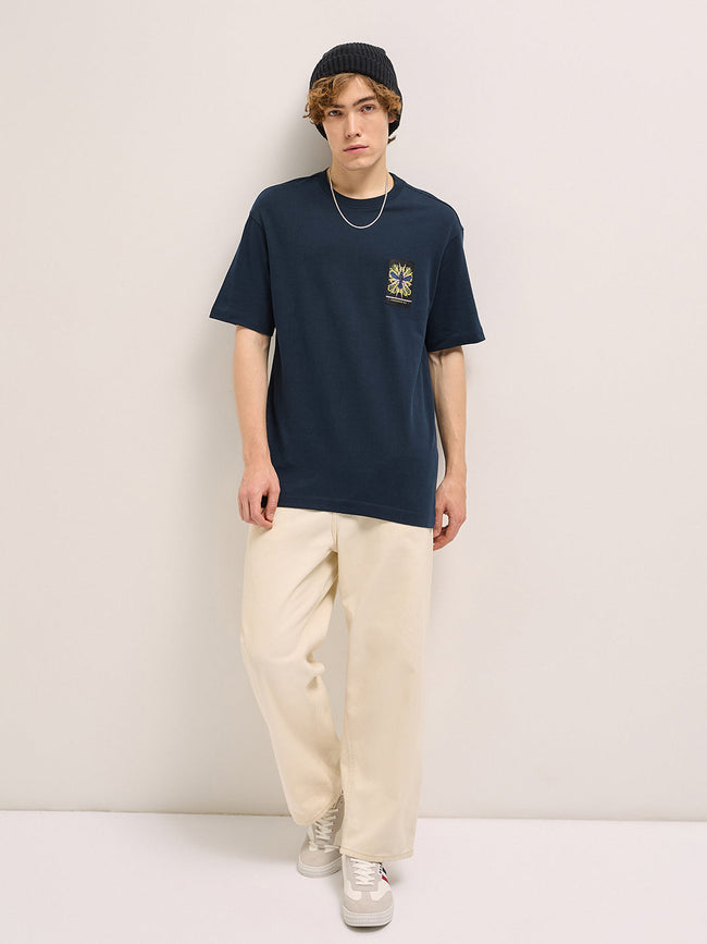 Men Navy Oversize artistic intricate insect graphic Print Crew Neck T-shirt