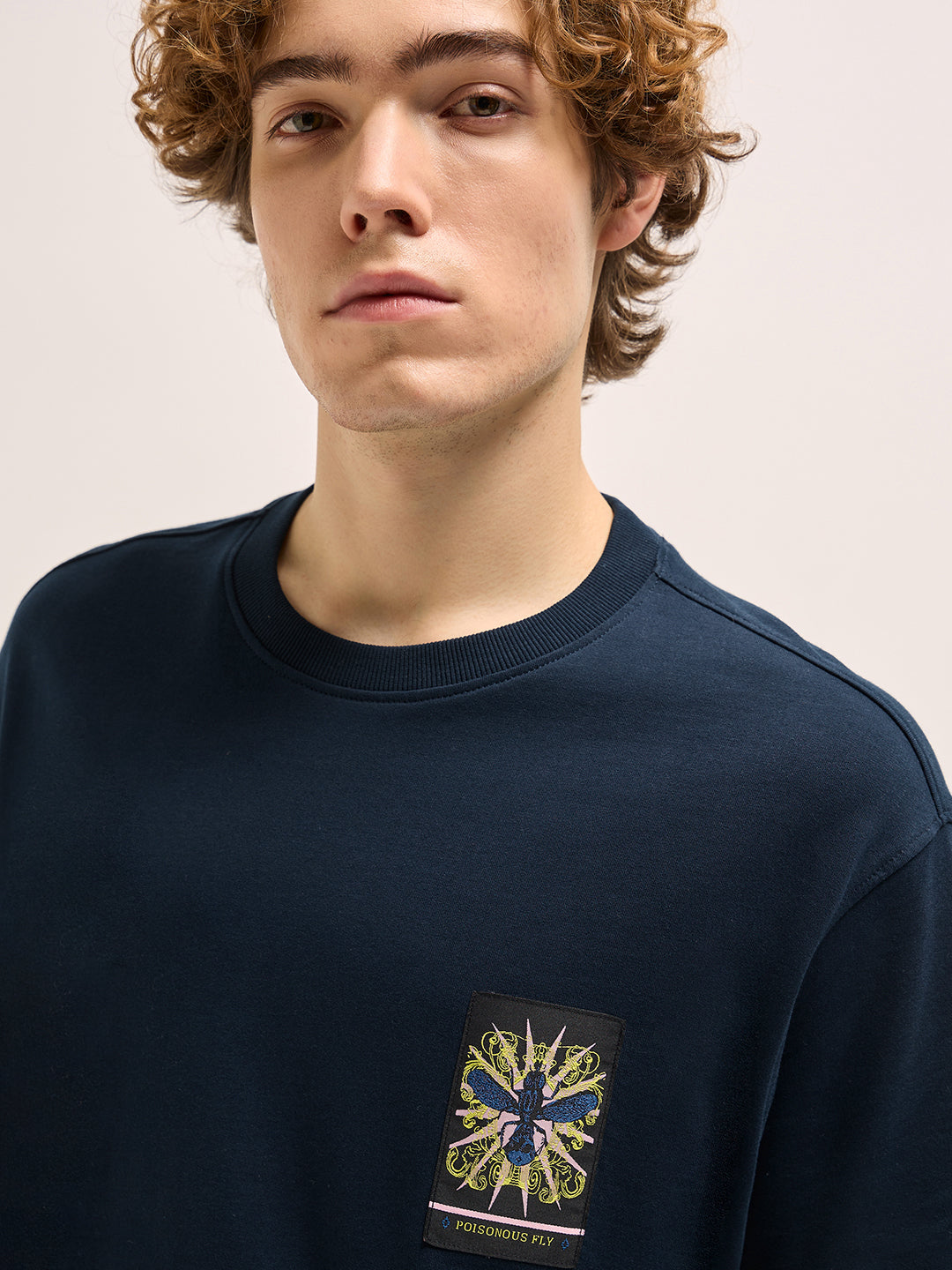 Men Navy Oversize artistic intricate insect graphic Print Crew Neck T-shirt