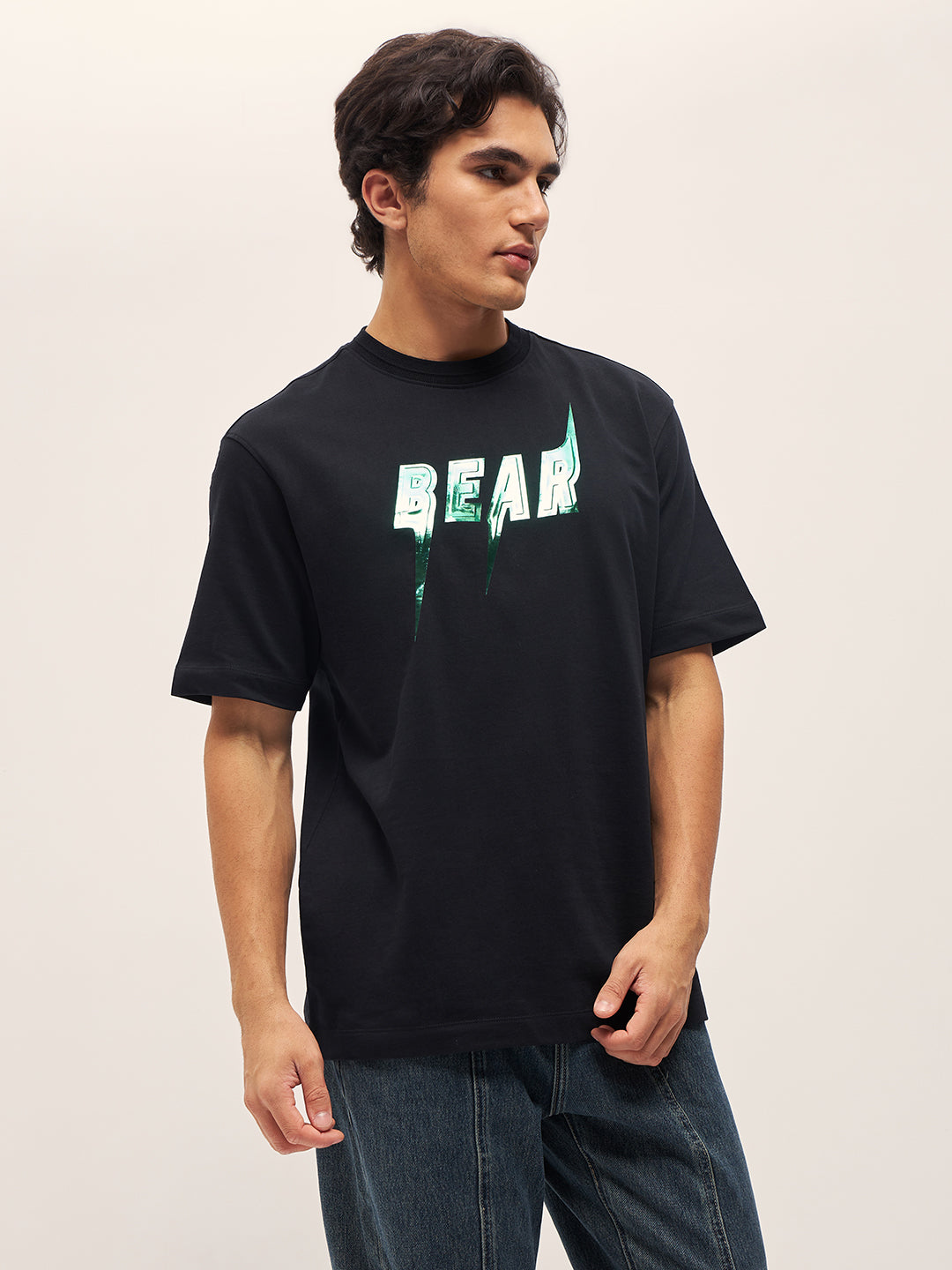 Men Black 3D graphic Design Crew Neck Oversize T-Shirt