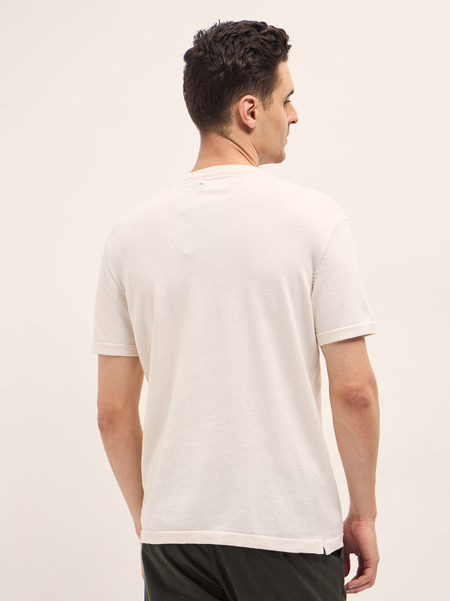 Men Cream Solid Regular Fit Ribbed Crew Neck T-shirt